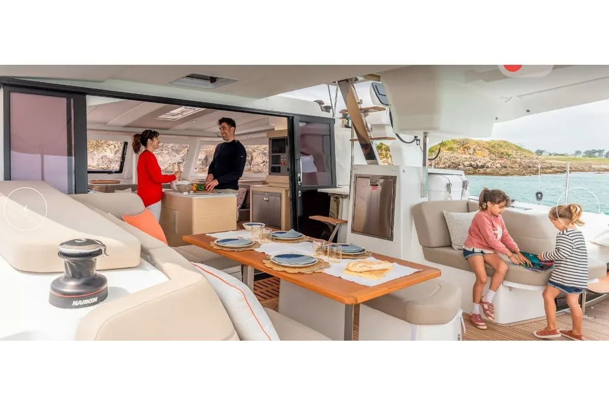 Galley of FP 41, a Fountaine Pajot New 41 catamaran at es Jonquet, Spain
