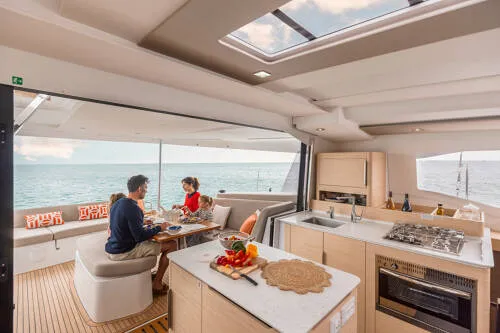 Galley of FP 41, a Fountaine Pajot New 41 catamaran at es Jonquet, Spain