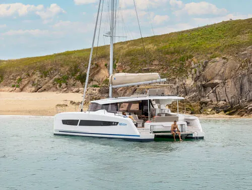 Exterior view of FP 41, a Fountaine Pajot New 41 catamaran at es Jonquet, Spain