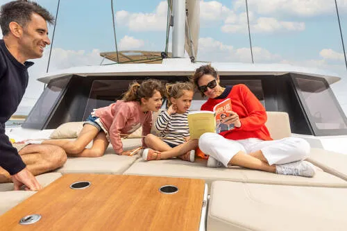 Deck of FP 41, a Fountaine Pajot New 41 catamaran at es Jonquet, Spain