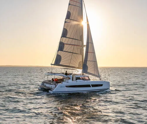Exterior view of FP 41, a Fountaine Pajot New 41 catamaran at es Jonquet, Spain