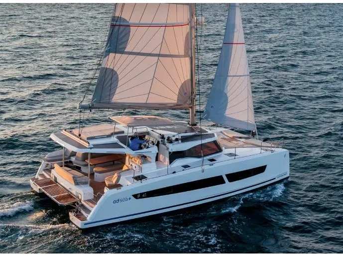 Exterior view of FP 41, a Fountaine Pajot New 41 catamaran at es Jonquet, Spain