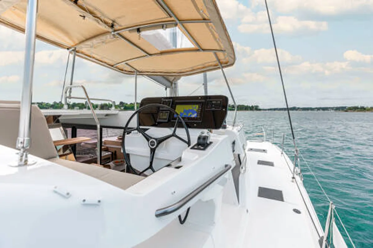 Cockpit of FP 41, a Fountaine Pajot New 41 catamaran at es Jonquet, Spain