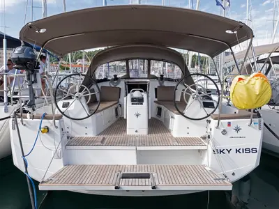 Cockpit of Sky Kiss, a Jeanneau Sun Odyssey 410 sailboat at Split, Croatia