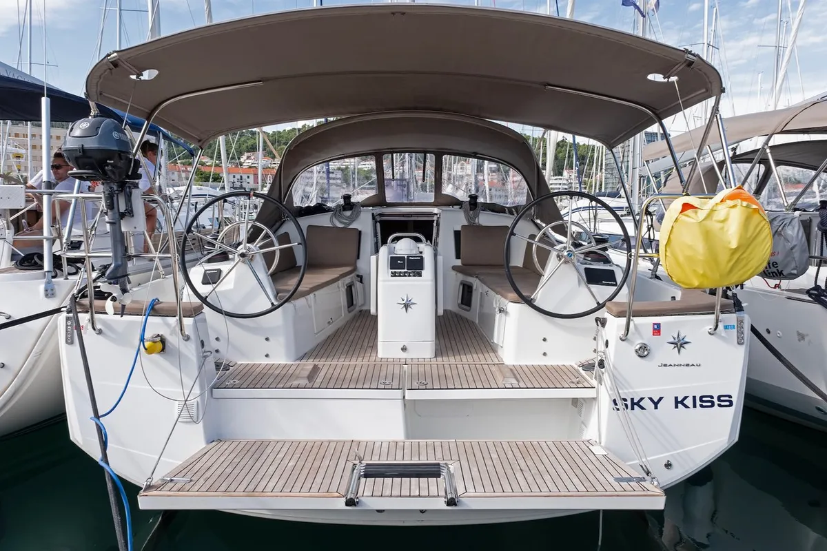 Cockpit of Sky Kiss, a Jeanneau Sun Odyssey 410 sailboat at Split, Croatia