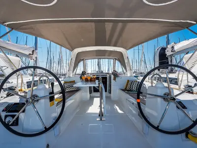 Cockpit of Sailor Jupiter, a Beneteau Oceanis 38.1 sailboat at Općina Medulin, Croatia
