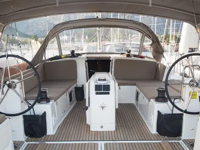Cockpit of Senorita, a Jeanneau Sun Odyssey 490 sailboat at Marmaris, Turkey
