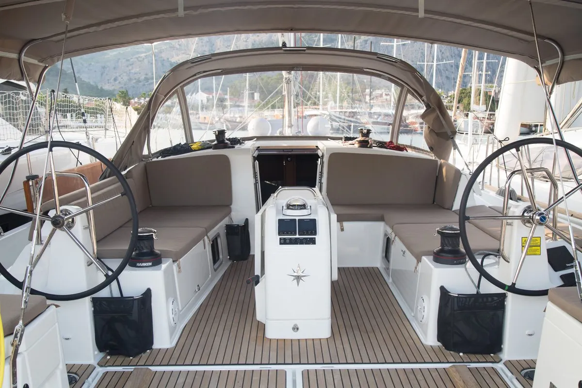 Cockpit of Senorita, a Jeanneau Sun Odyssey 490 sailboat at Marmaris, Turkey