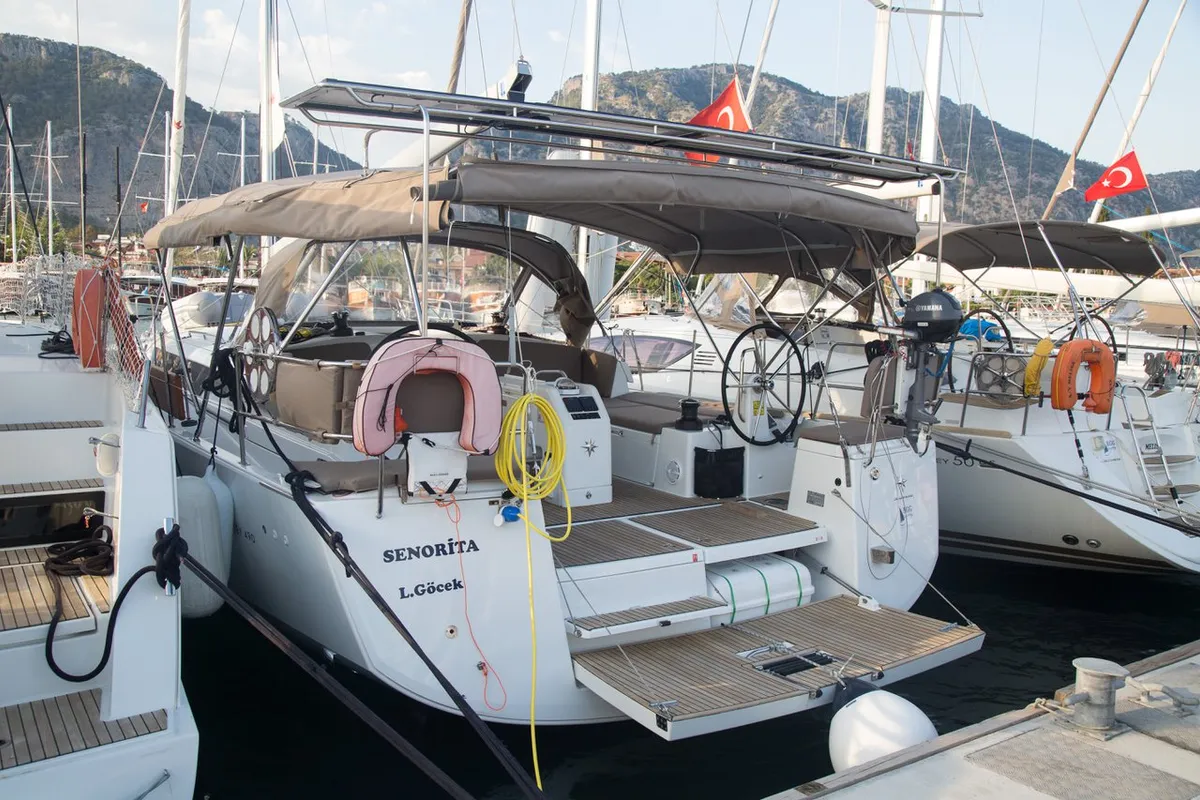 Exterior view of Senorita, a Jeanneau Sun Odyssey 490 sailboat at Marmaris, Turkey