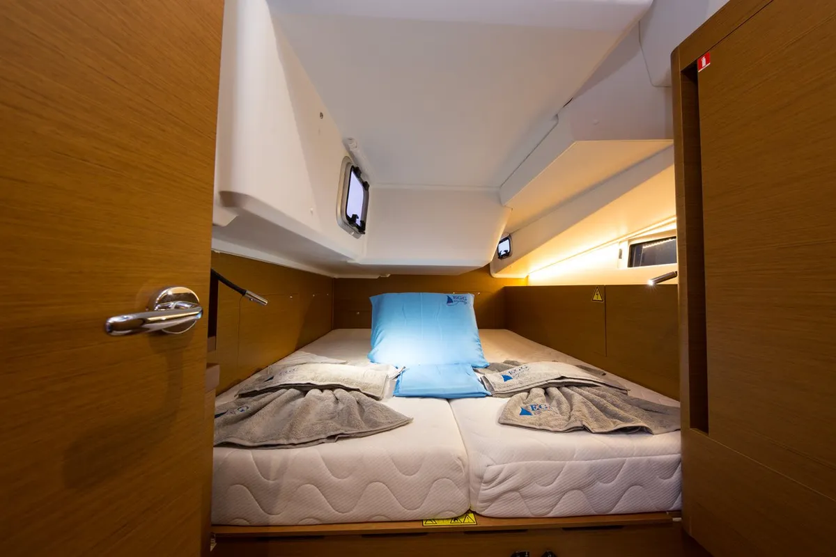 Cabin on Senorita, a Jeanneau Sun Odyssey 490 sailboat at Marmaris, Turkey