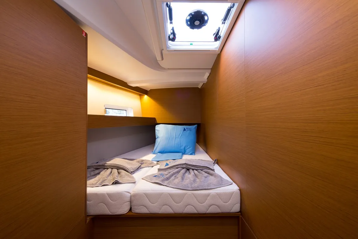 Cabin on Senorita, a Jeanneau Sun Odyssey 490 sailboat at Marmaris, Turkey