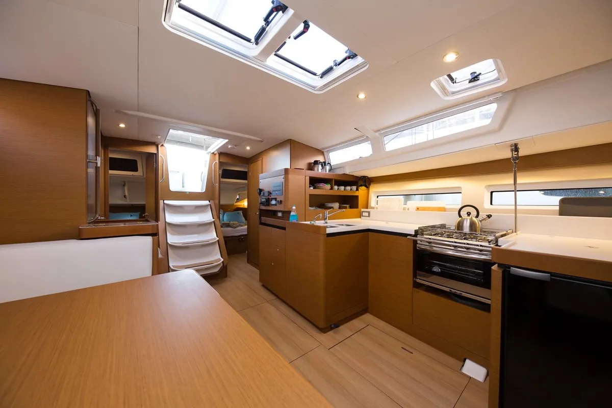 Galley of Senorita, a Jeanneau Sun Odyssey 490 sailboat at Marmaris, Turkey
