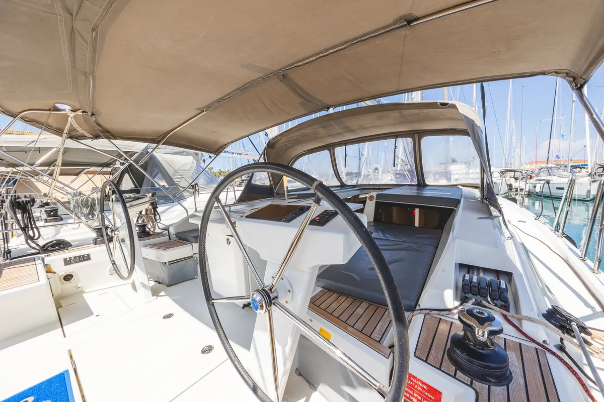 Cockpit of Ellaida Built 2019, a Beneteau Oceanis 46.1 sailboat at Municipal Unit of Lefkada, Greece