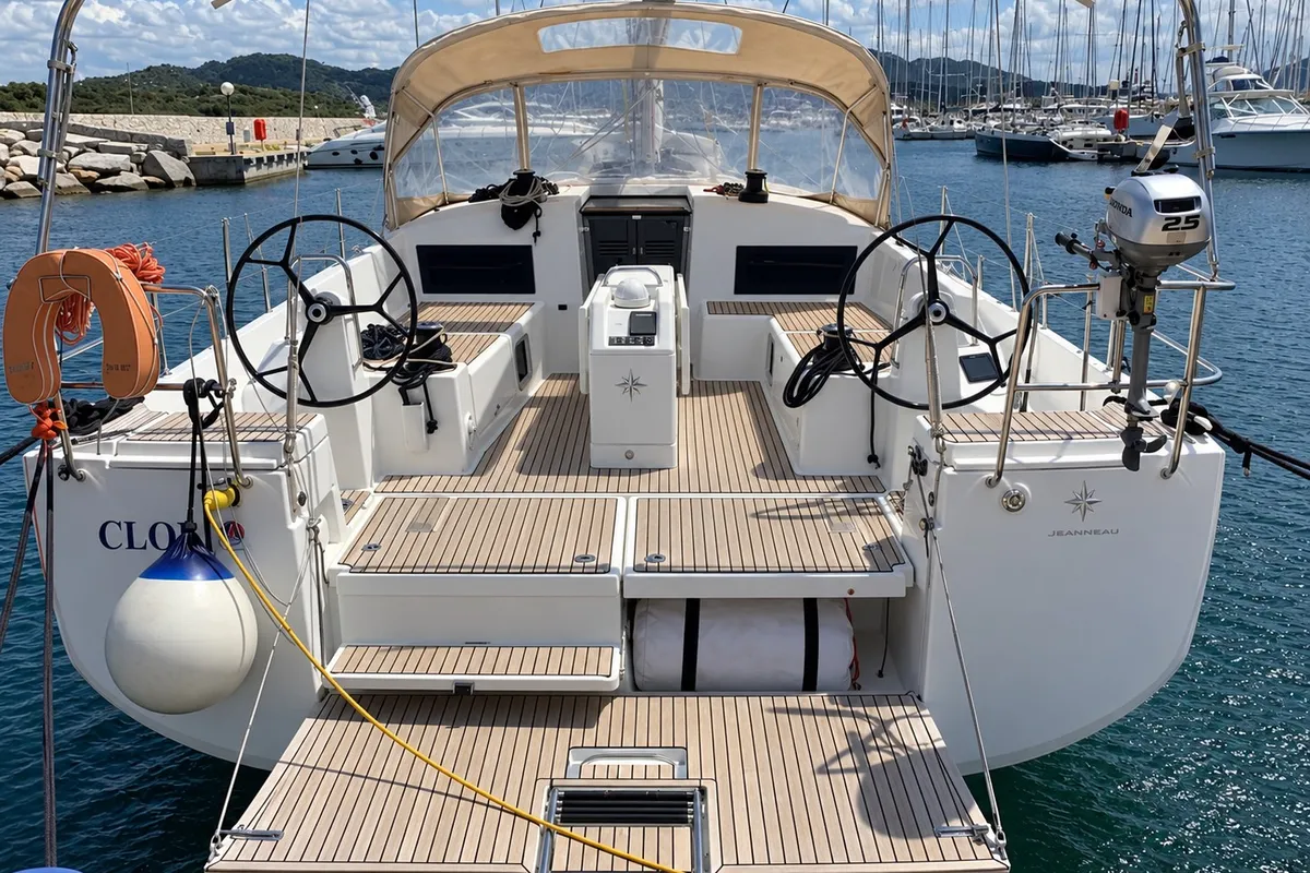 Cockpit of Cloe I, a Jeanneau Sun Odyssey 490 sailboat at Punta Ala, Italy