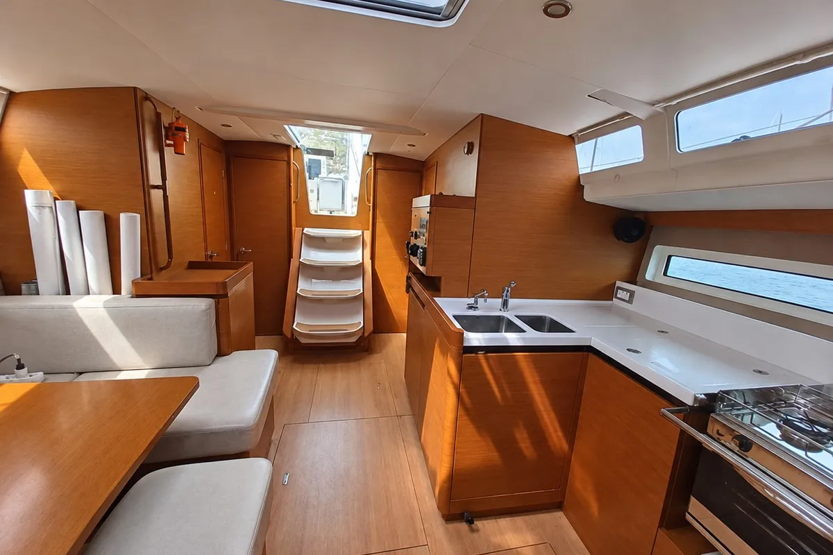 Salon of Cloe I, a Jeanneau Sun Odyssey 490 sailboat at Punta Ala, Italy