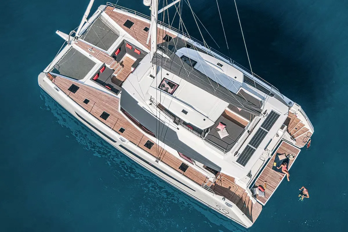 Exterior view of Premium, a Fountaine Pajot Samana 59 catamaran at Palermo, Italy