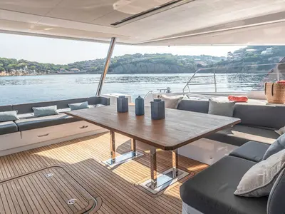 Deck of Premium, a Fountaine Pajot Samana 59 catamaran at Palermo, Italy