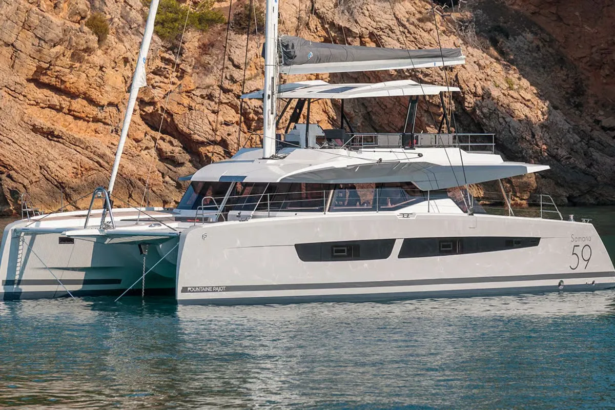 Exterior view of Premium, a Fountaine Pajot Samana 59 catamaran at Palermo, Italy