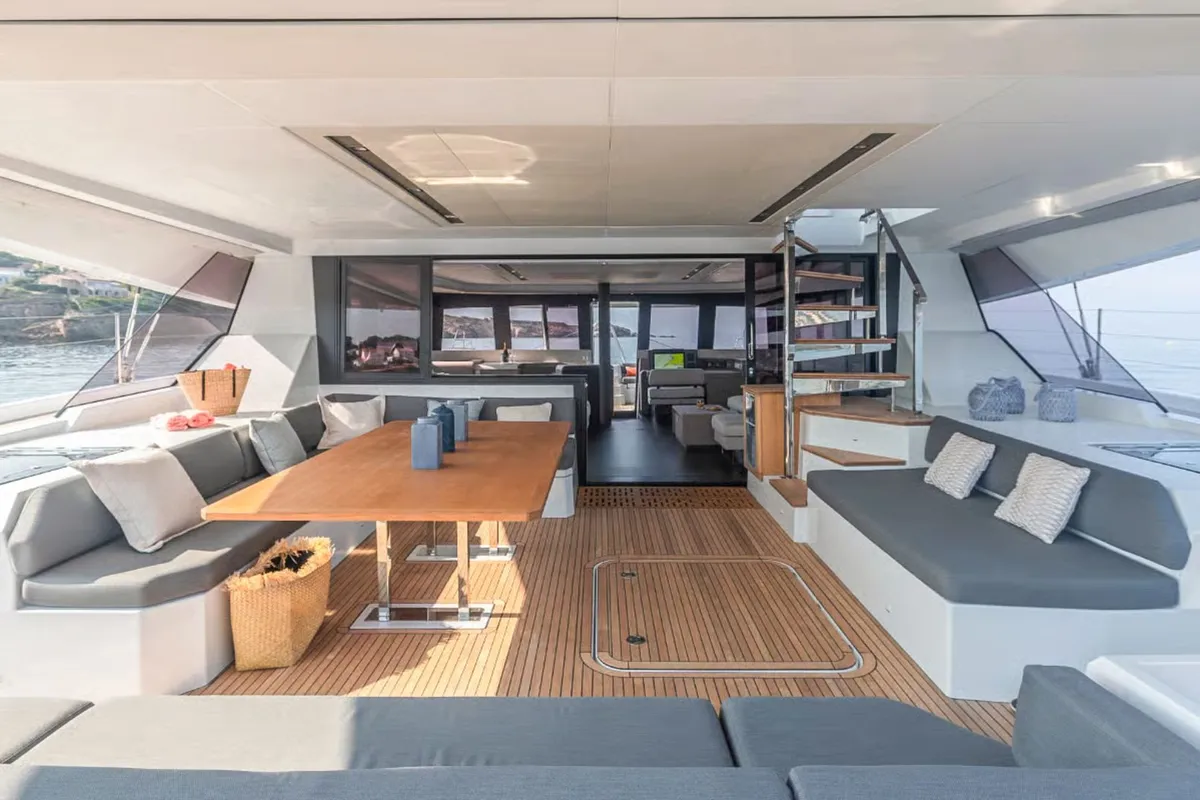 Deck of Premium, a Fountaine Pajot Samana 59 catamaran at Palermo, Italy
