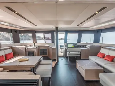 Salon of Premium, a Fountaine Pajot Samana 59 catamaran at Palermo, Italy