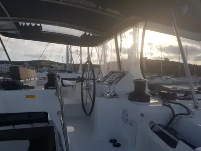 Cockpit of Fo's, a Lagoon 450 F catamaran at Agios Stefanos, Greece