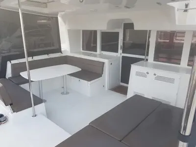 Deck of Fo's, a Lagoon 450 F catamaran at Agios Stefanos, Greece