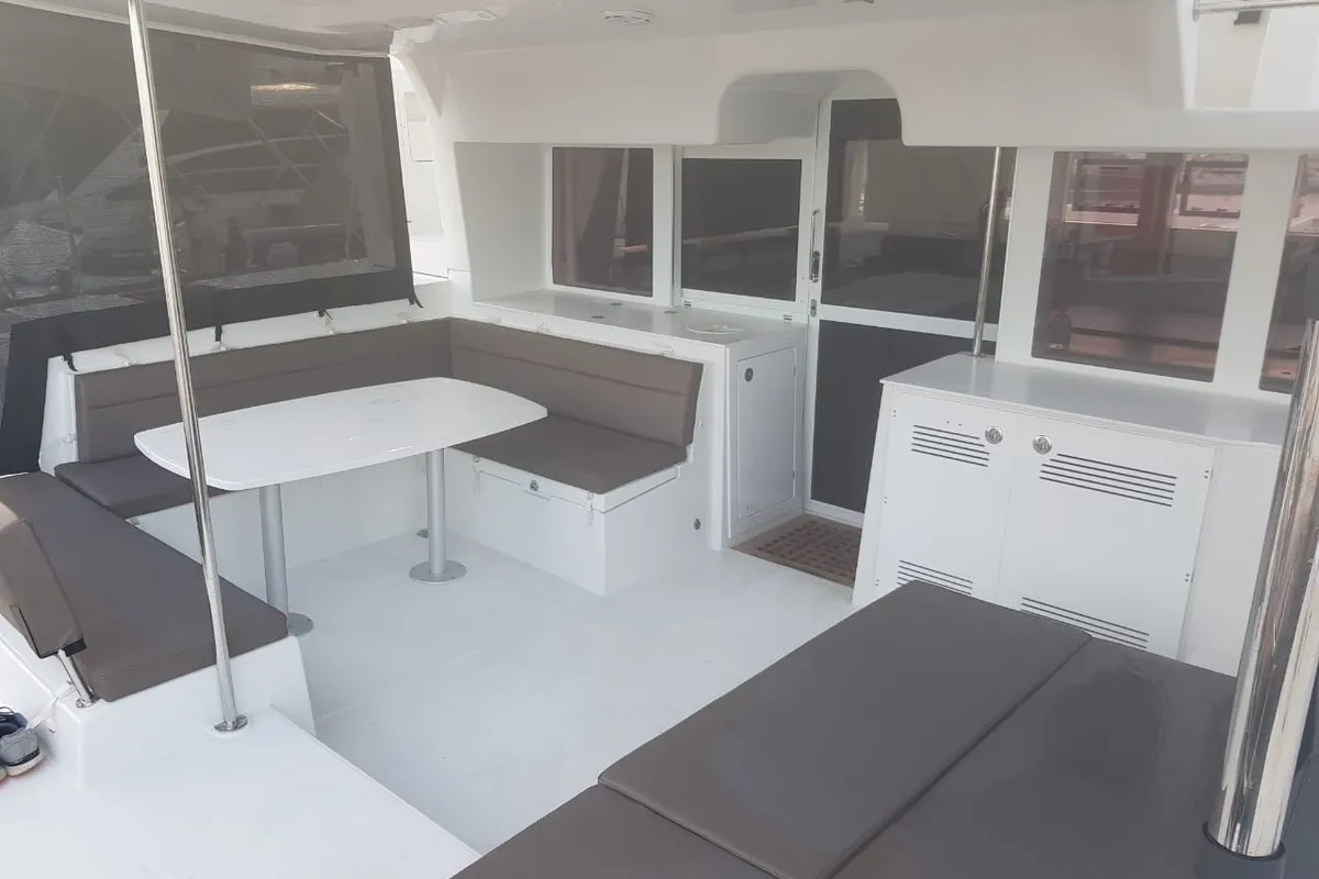 Deck of Fo's, a Lagoon 450 F catamaran at Agios Stefanos, Greece