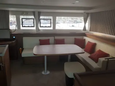 Salon of Fo's, a Lagoon 450 F catamaran at Agios Stefanos, Greece
