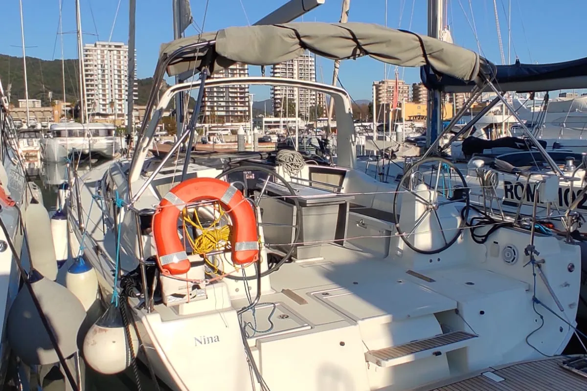 Cockpit of Nina, a Beneteau Oceanis 41.1 sailboat at Salerno, Italy