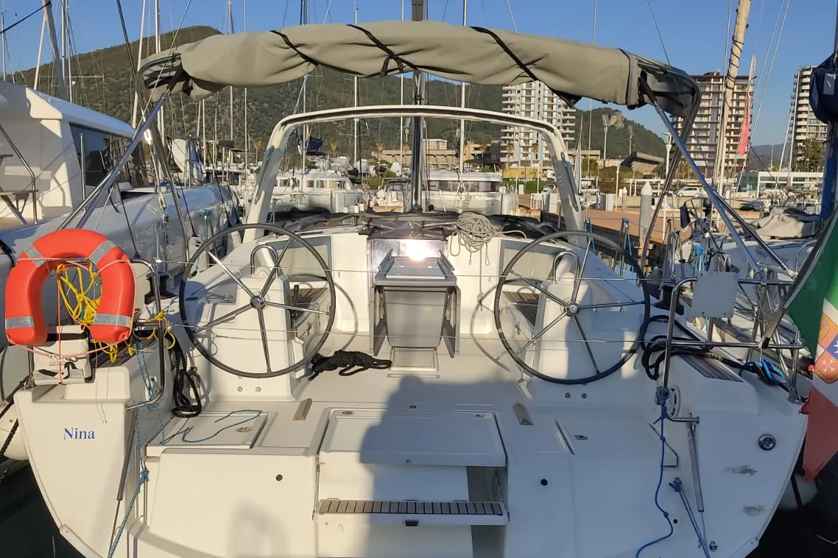 Cockpit of Nina, a Beneteau Oceanis 41.1 sailboat at Salerno, Italy