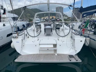 Cockpit of Nina, a Beneteau Oceanis 41.1 sailboat at Salerno, Italy