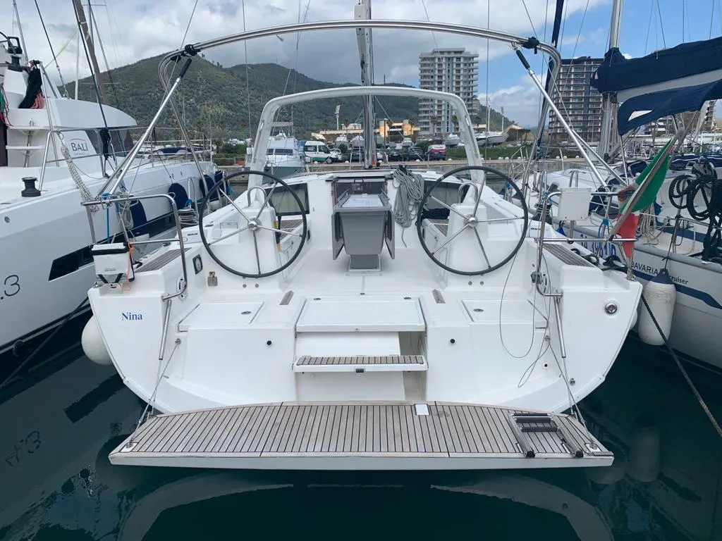 Cockpit of Nina, a Beneteau Oceanis 41.1 sailboat at Salerno, Italy