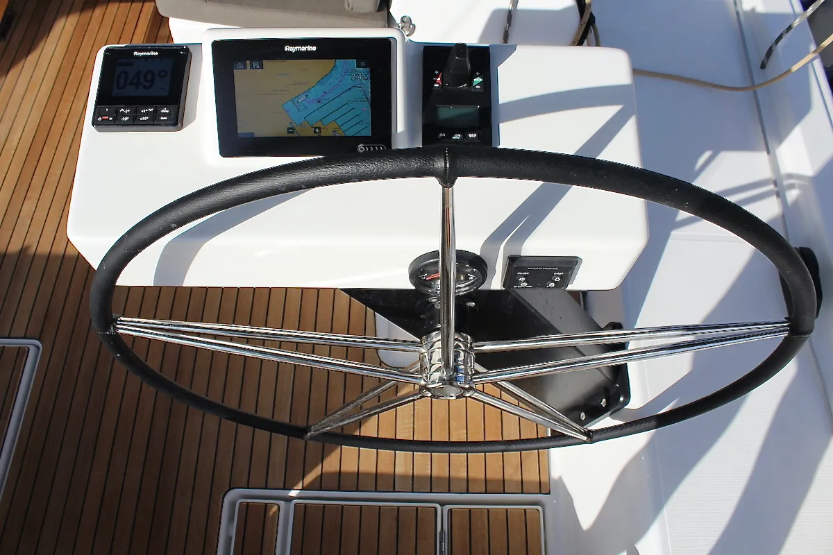 Cockpit of Why Not 18, a Dufour 530 sailboat at Municipal Unit of Lefkada, Greece