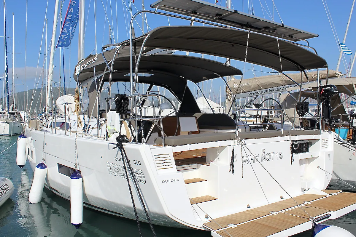Exterior view of Why Not 18, a Dufour 530 sailboat at Municipal Unit of Lefkada, Greece