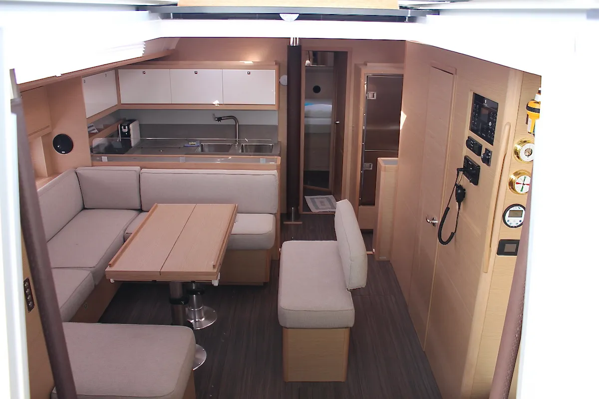 Salon of Why Not 18, a Dufour 530 sailboat at Municipal Unit of Lefkada, Greece