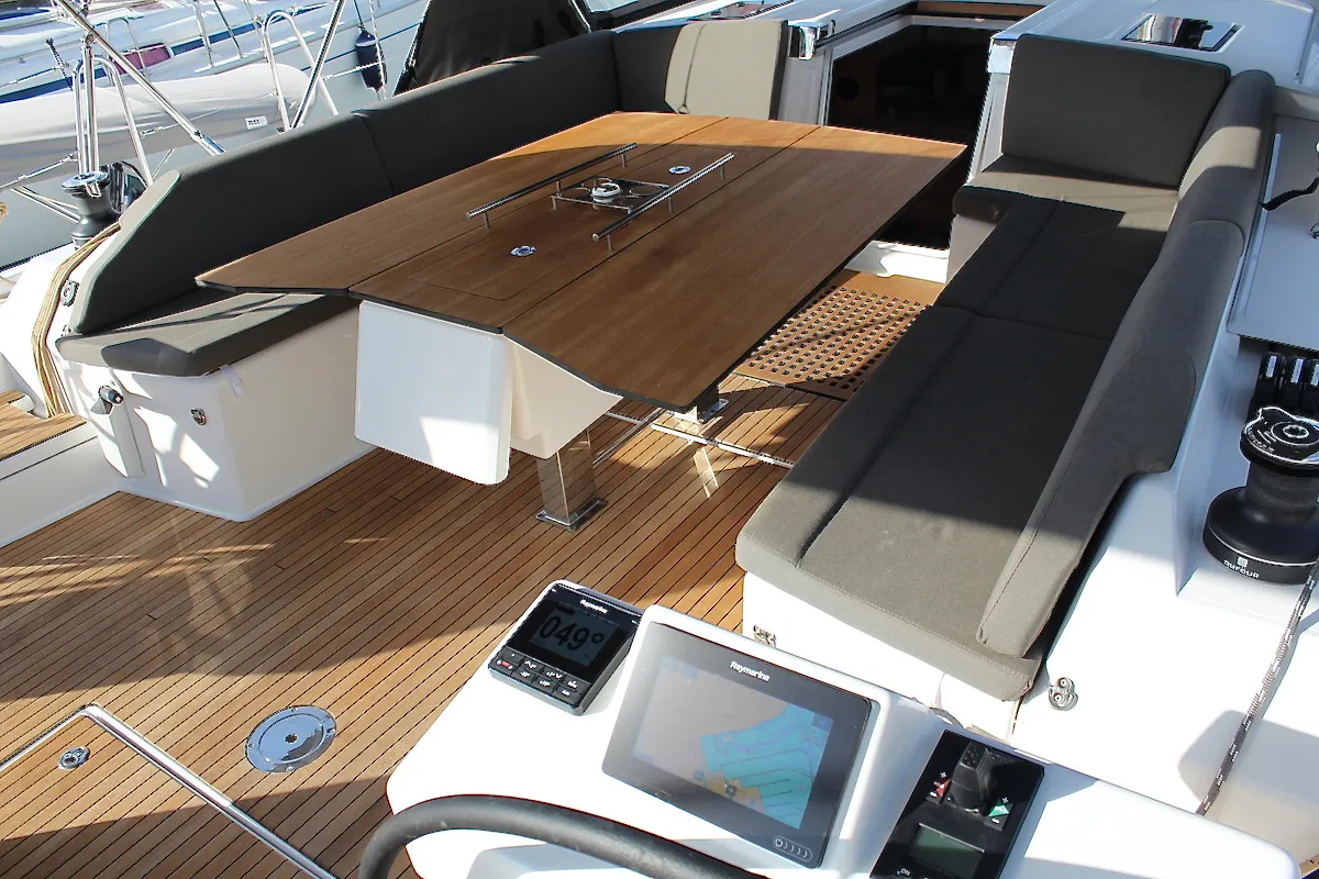 Deck of Why Not 18, a Dufour 530 sailboat at Municipal Unit of Lefkada, Greece