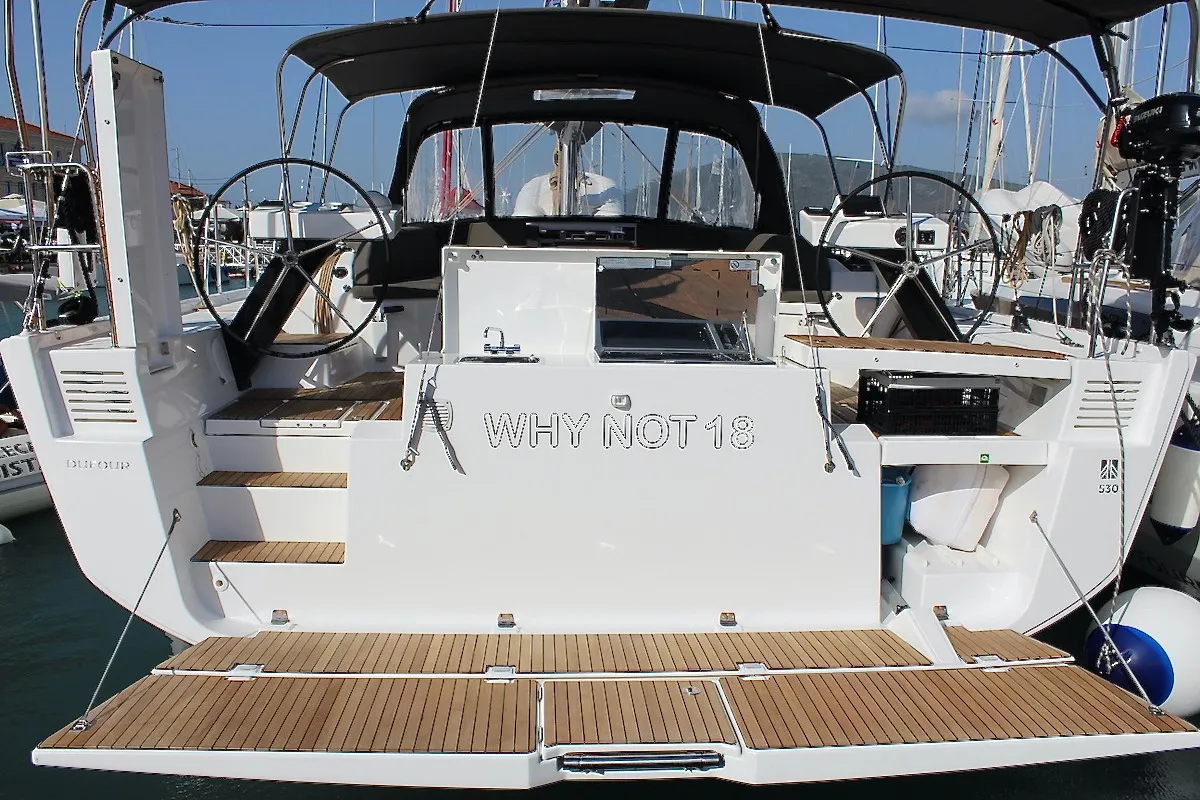 Exterior view of Why Not 18, a Dufour 530 sailboat at Municipal Unit of Lefkada, Greece