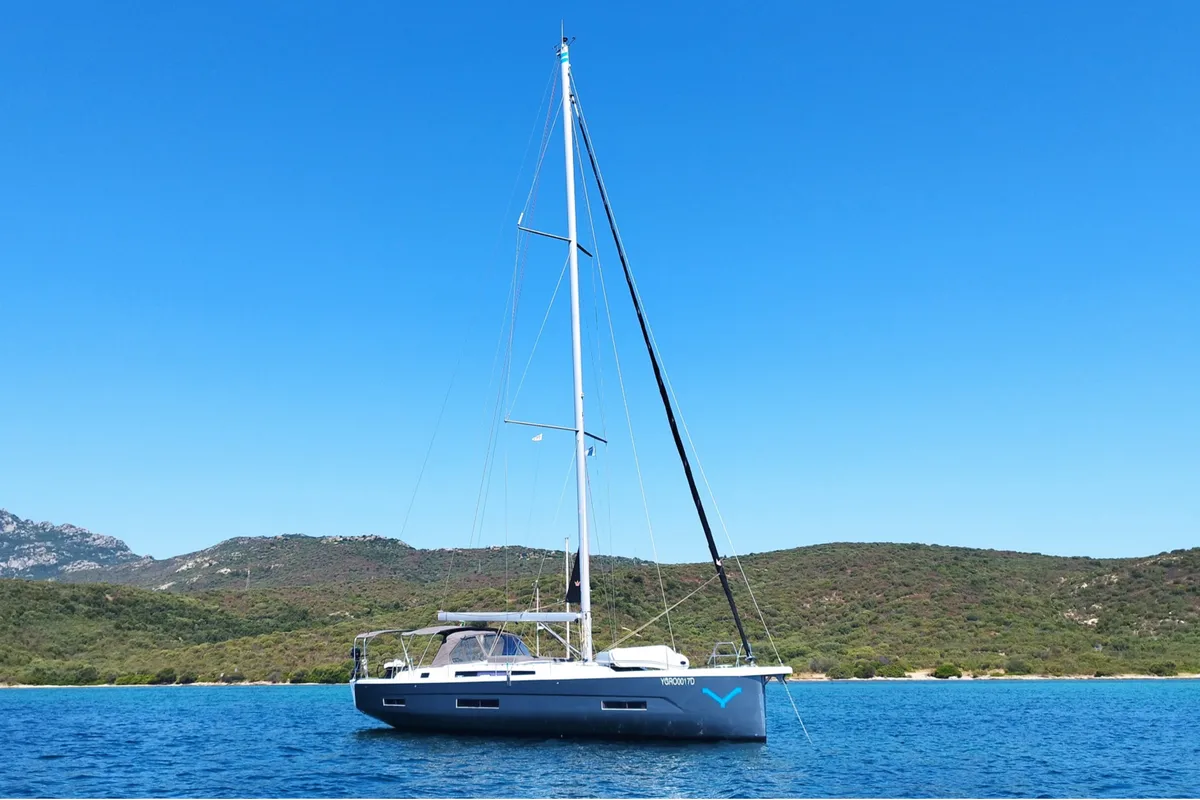 Exterior view of Asperula, a Dufour 530 sailboat at Olbia, Italy