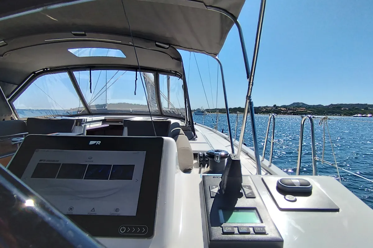 Deck of Asperula, a Dufour 530 sailboat at Olbia, Italy
