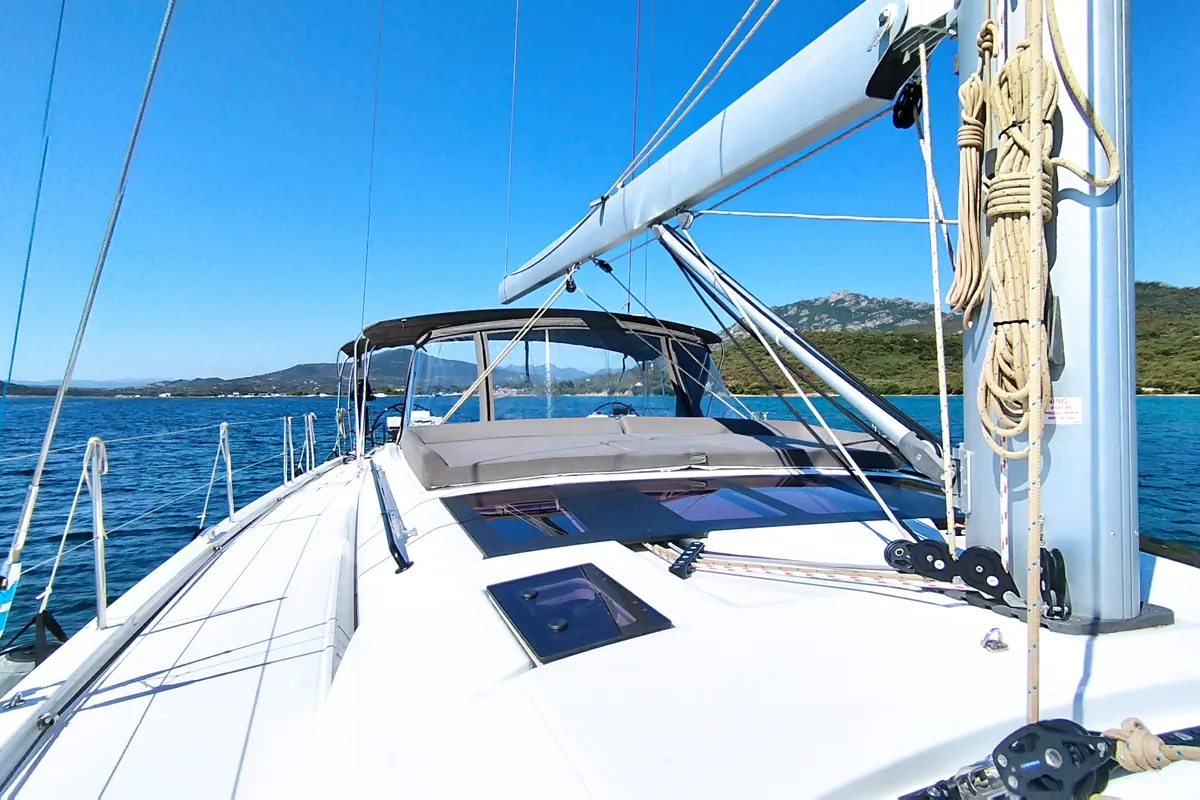 Cockpit of Asperula, a Dufour 530 sailboat at Olbia, Italy