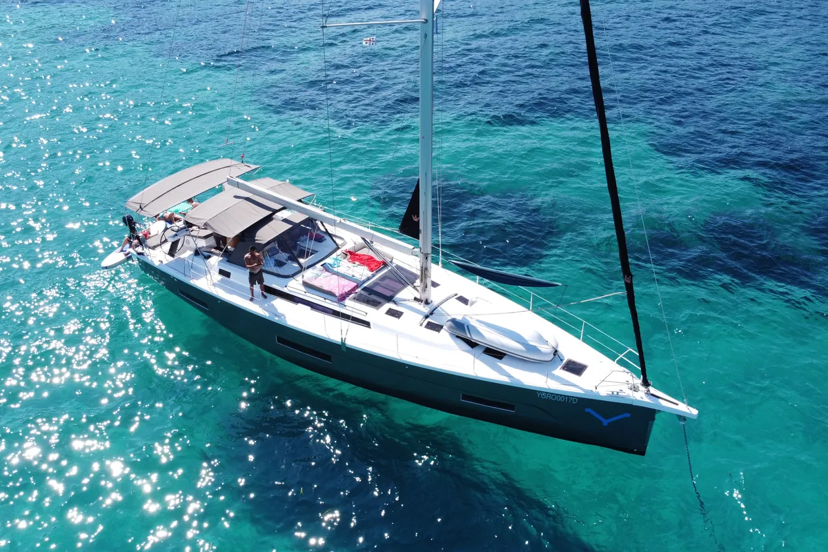 Exterior view of Asperula, a Dufour 530 sailboat at Olbia, Italy