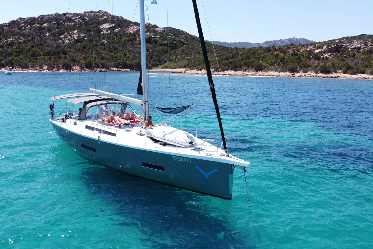Exterior view of Asperula, a Dufour 530 sailboat at Olbia, Italy