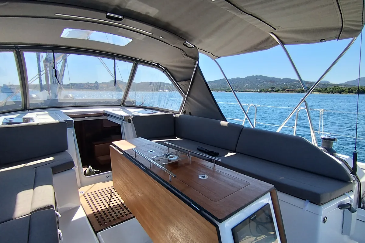 Deck of Asperula, a Dufour 530 sailboat at Olbia, Italy