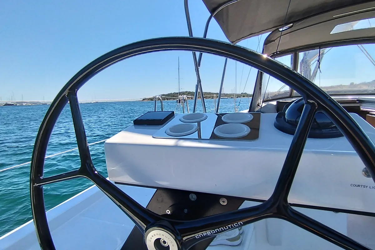 Cockpit of Asperula, a Dufour 530 sailboat at Olbia, Italy