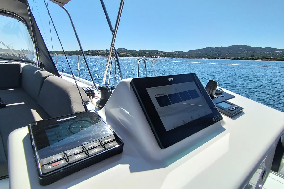 Cockpit of Asperula, a Dufour 530 sailboat at Olbia, Italy