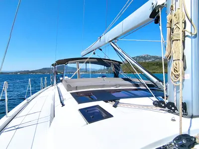 Deck of Asperula, a Dufour 530 sailboat at Olbia, Italy