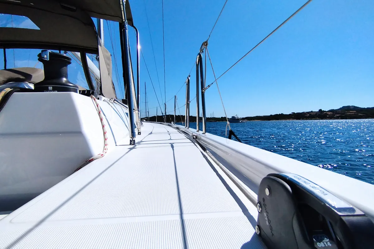 Deck of Asperula, a Dufour 530 sailboat at Olbia, Italy