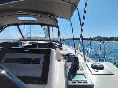 Cockpit of Asperula, a Dufour 530 sailboat at Olbia, Italy
