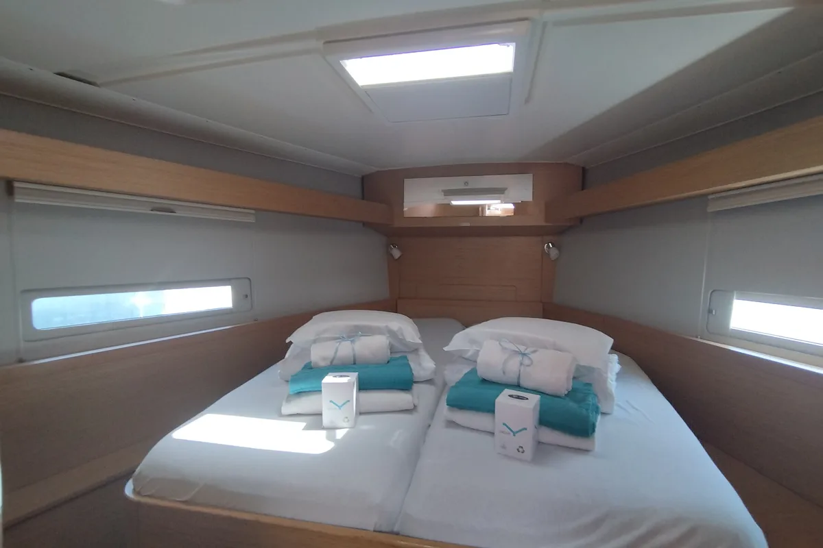 Cabin on Asperula, a Dufour 530 sailboat at Olbia, Italy
