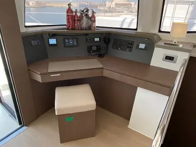 Cockpit of Mira, a Bali 4.6 catamaran at Olbia, Italy